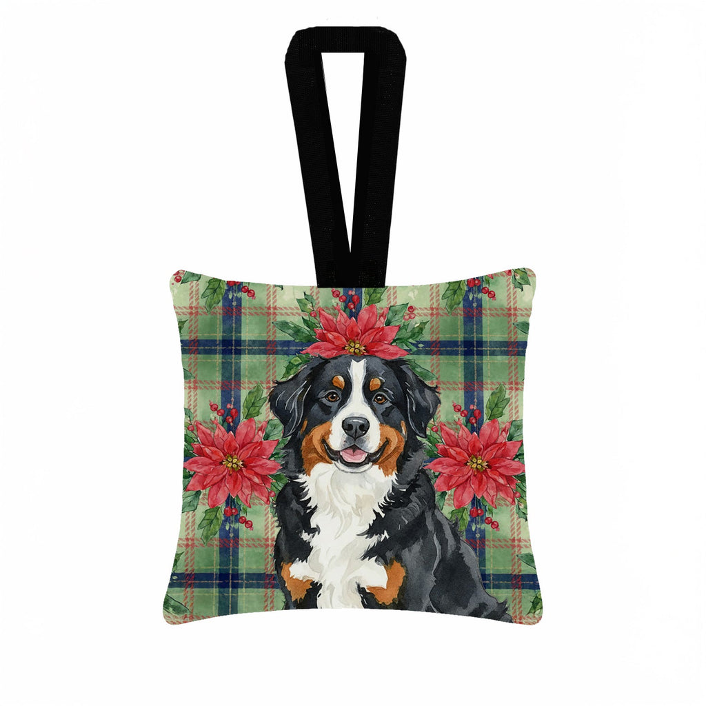Bernese Mountain Dog Christmas PoinsettIas Hanging Square Fabric Ornament 3.5 � 3.5 Decorative Door-Knob & Tree Hanger, Soft Fabric