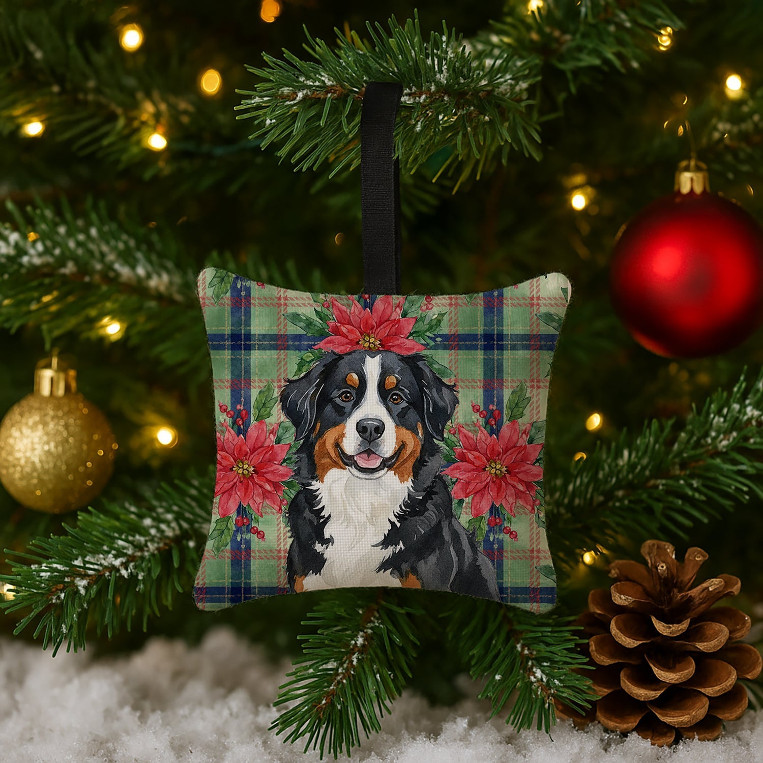 Bernese Mountain Dog Christmas PoinsettIas Hanging Square Fabric Ornament 3.5 � 3.5 Decorative Door-Knob & Tree Hanger, Soft Fabric