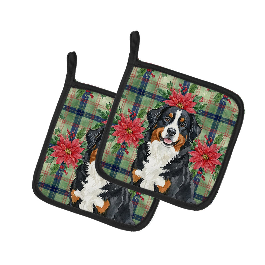 Bernese Mountain Dog Christmas PoinsettIas Pot Holder Set of 2 Heat Resistant Quilted Hot Pads 7.5 x 7.5 Inch, Insulated Kitchen Trivets for Cooking & Baking