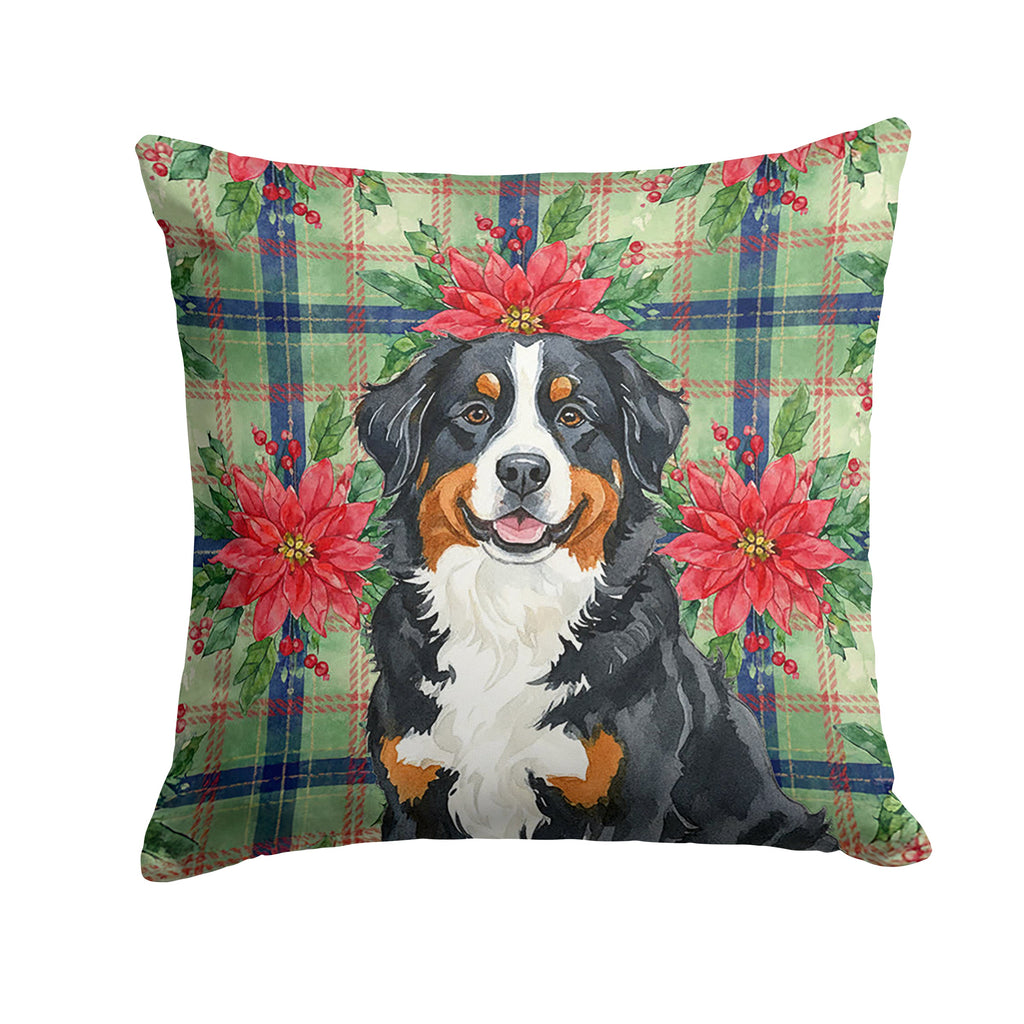 Bernese Mountain Dog Christmas PoinsettIas Decorative Throw Pillow 18x18 Indoor Outdoor Accent Cushion, Fabric Cover with Insert for Sofa, Bed, Porch & Living Room