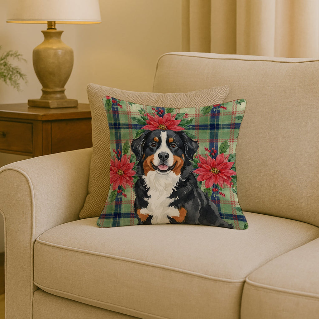 Bernese Mountain Dog Christmas PoinsettIas Decorative Throw Pillow 18x18 Indoor Outdoor Accent Cushion, Fabric Cover with Insert for Sofa, Bed, Porch & Living Room