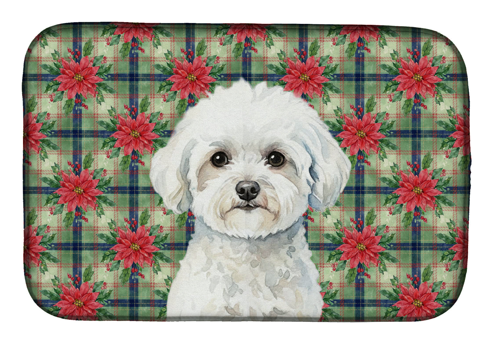 Bichon Frise Christmas PoinsettIas Dish Drying Mat Absorbent Dish Drying Mat Pad for Kitchen Counter Dish Drainer Mat for Countertop, 14 x 21", Multicolor