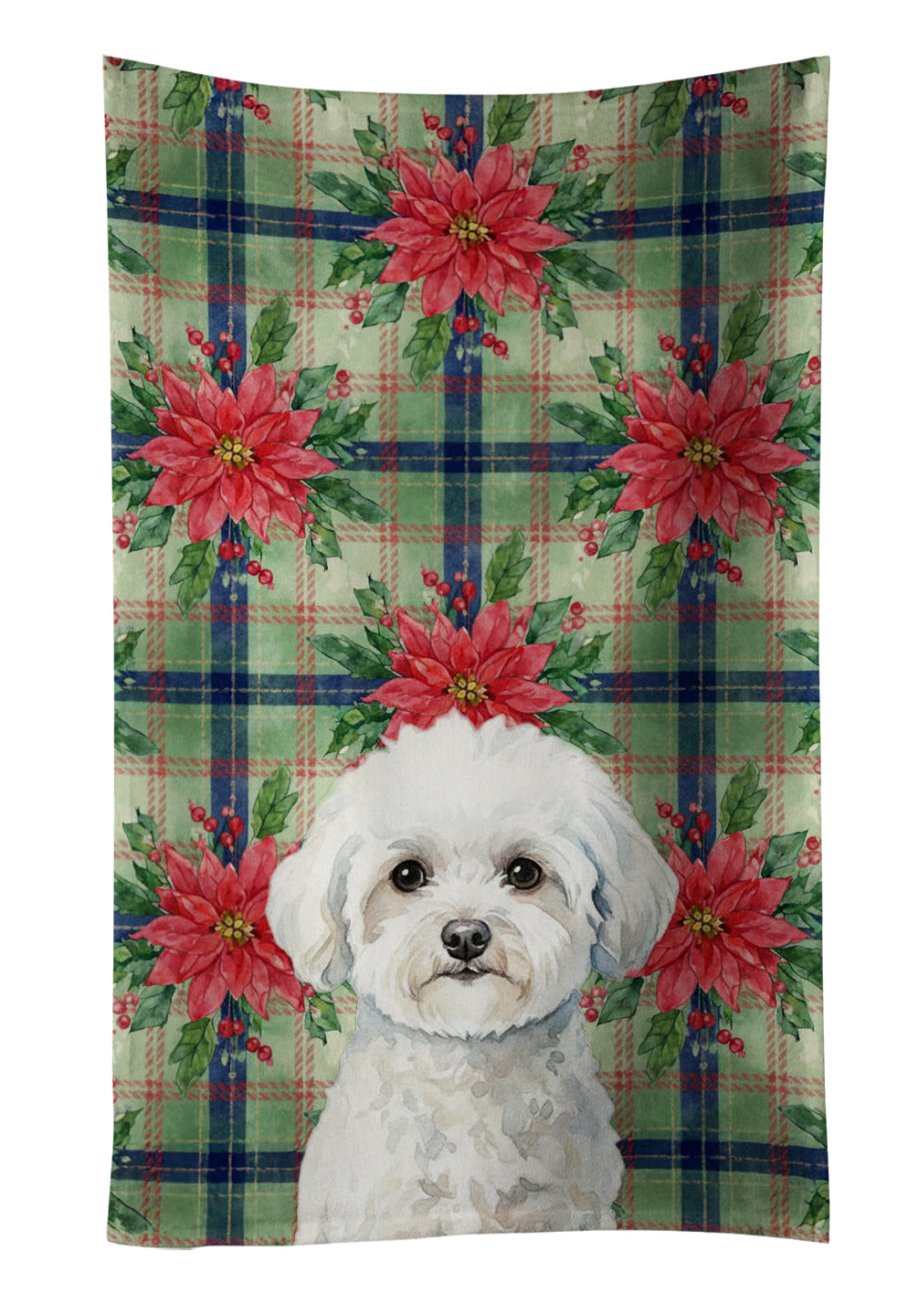 Bichon Frise Christmas PoinsettIas Kitchen Towel Velour Plush Front and Cotton Loop Back Machine Washable