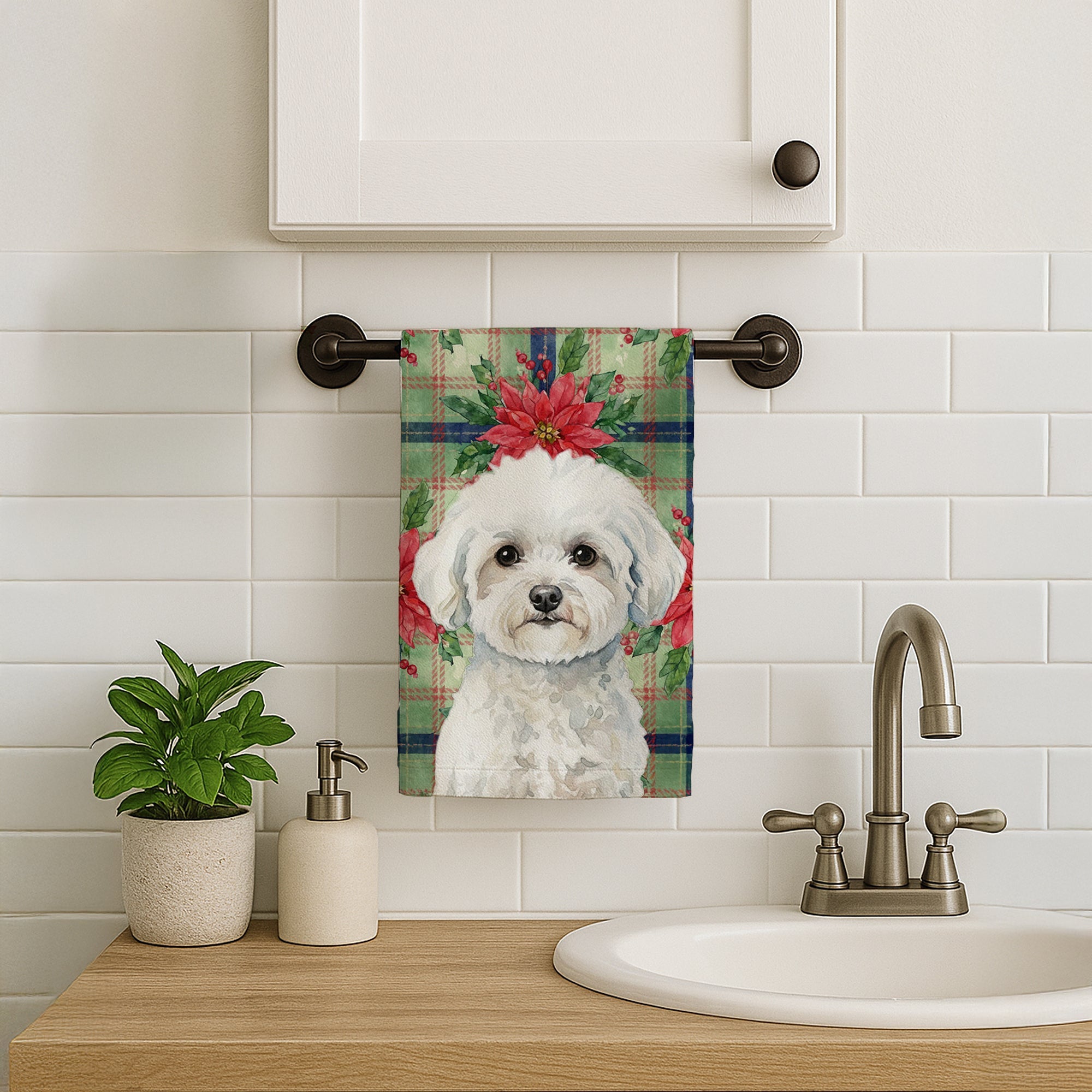 Bichon Frise Christmas PoinsettIas Kitchen Towel Velour Plush Front and Cotton Loop Back Machine Washable
