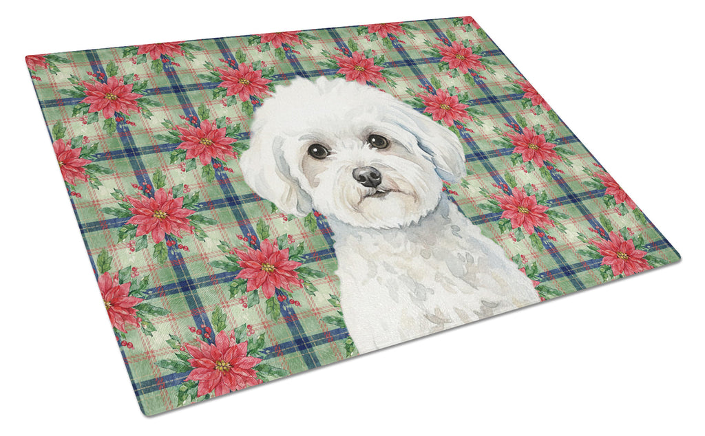 Bichon Frise Christmas PoinsettIas Cutting Board Tempered Glass Kitchen Cutting Surface, Heat Resistant Chopping, Non-Slip Feet, Food Prep & Serving