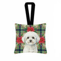 Bichon Frise Christmas PoinsettIas Hanging Square Fabric Ornament 3.5 � 3.5 Decorative Door-Knob & Tree Hanger, Soft Fabric
