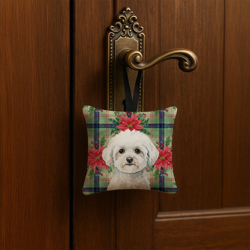 Bichon Frise Christmas PoinsettIas Hanging Square Fabric Ornament 3.5 � 3.5 Decorative Door-Knob & Tree Hanger, Soft Fabric
