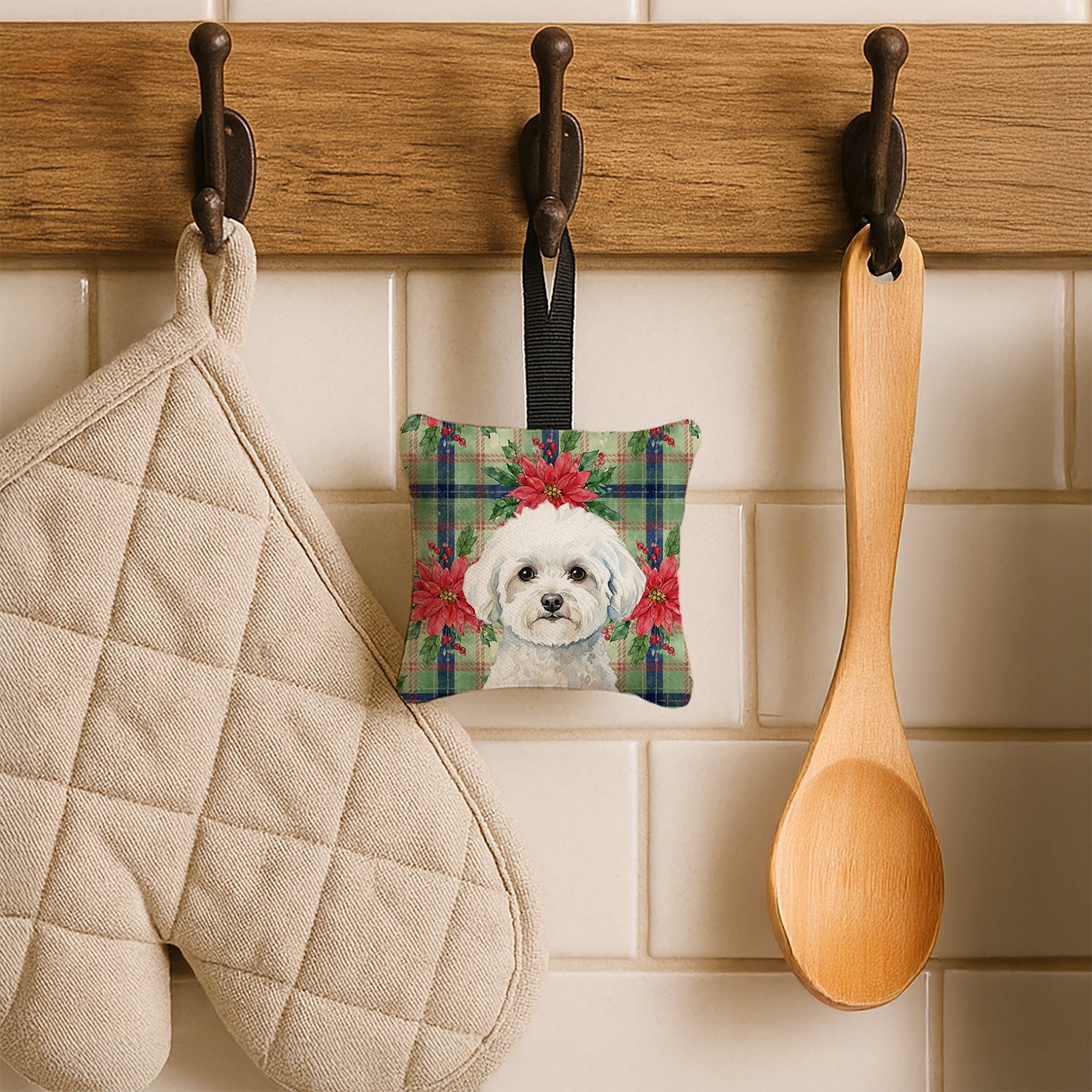Bichon Frise Christmas PoinsettIas Hanging Square Fabric Ornament 3.5 � 3.5 Decorative Door-Knob & Tree Hanger, Soft Fabric