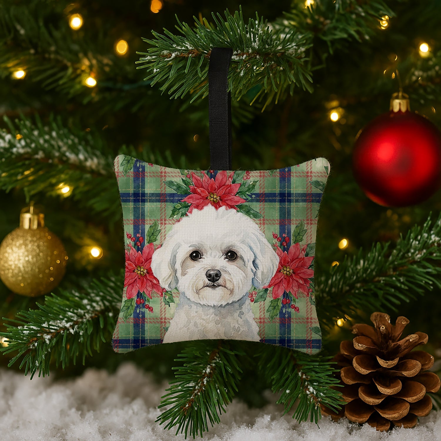 Bichon Frise Christmas PoinsettIas Hanging Square Fabric Ornament 3.5 � 3.5 Decorative Door-Knob & Tree Hanger, Soft Fabric