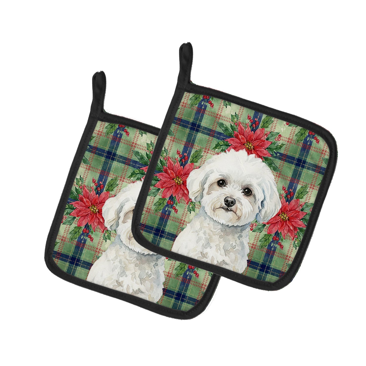Bichon Frise Christmas PoinsettIas Pot Holder Set of 2 Heat Resistant Quilted Hot Pads 7.5 x 7.5 Inch, Insulated Kitchen Trivets for Cooking & Baking