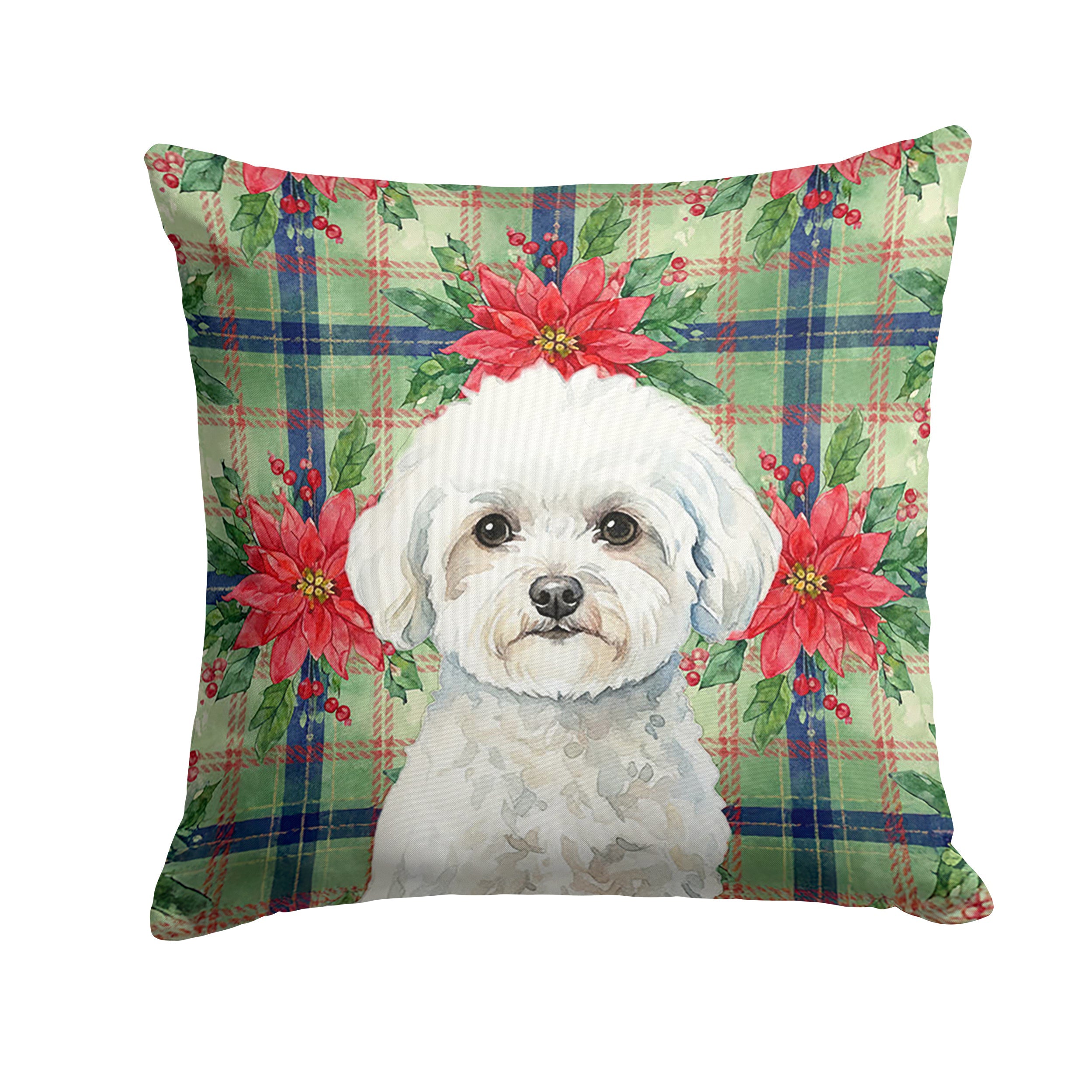 Bichon Frise Christmas PoinsettIas Decorative Throw Pillow 14x14 Indoor Outdoor Accent Cushion, Fabric Cover with Insert for Sofa, Bed, Porch & Living Room