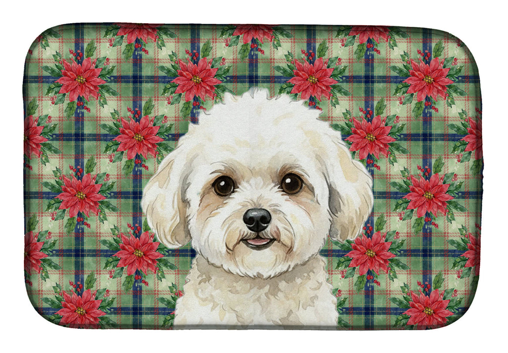 White and Cream Bichon Frise Christmas PoinsettIas Dish Drying Mat Absorbent Dish Drying Mat Pad for Kitchen Counter Dish Drainer Mat for Countertop, 14 x 21", Multicolor
