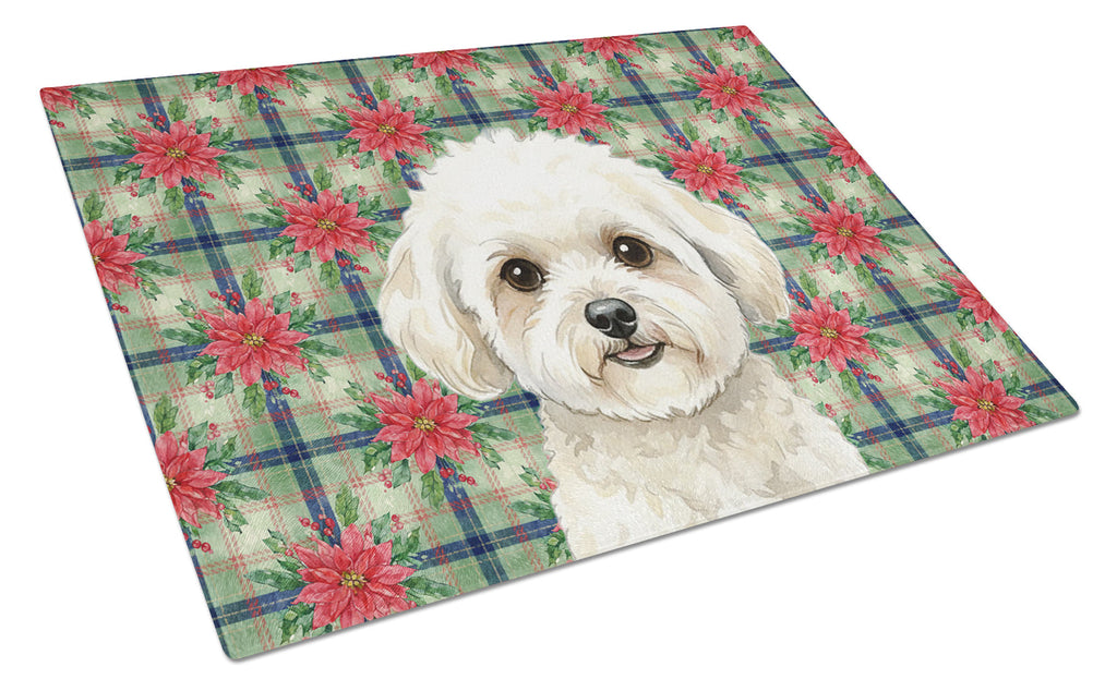 White and Cream Bichon Frise Christmas PoinsettIas Cutting Board Tempered Glass Kitchen Cutting Surface, Heat Resistant Chopping, Non-Slip Feet, Food Prep & Serving