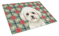 White and Cream Bichon Frise Christmas PoinsettIas Cutting Board Tempered Glass Kitchen Cutting Surface, Heat Resistant Chopping, Non-Slip Feet, Food Prep & Serving