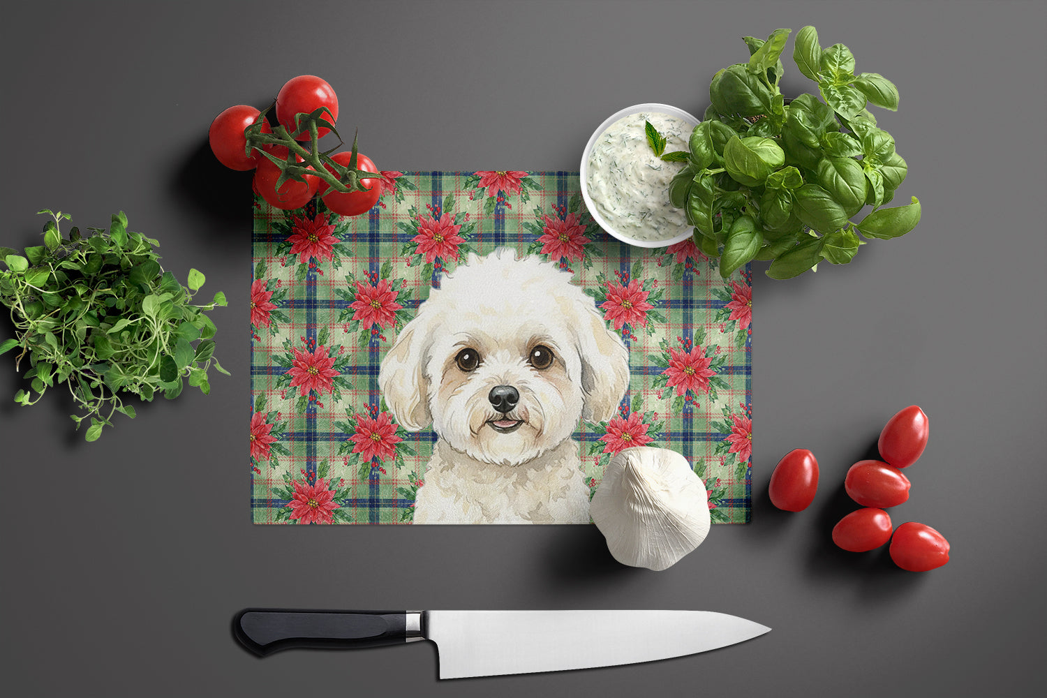 White and Cream Bichon Frise Christmas PoinsettIas Cutting Board Tempered Glass Kitchen Cutting Surface, Heat Resistant Chopping, Non-Slip Feet, Food Prep & Serving