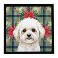 White and Cream Bichon Frise Christmas PoinsettIas Framed Metal Print Bathroom, Kitchen, Office, Home Decor Wall Art Ready to Hang, Square, 8X8