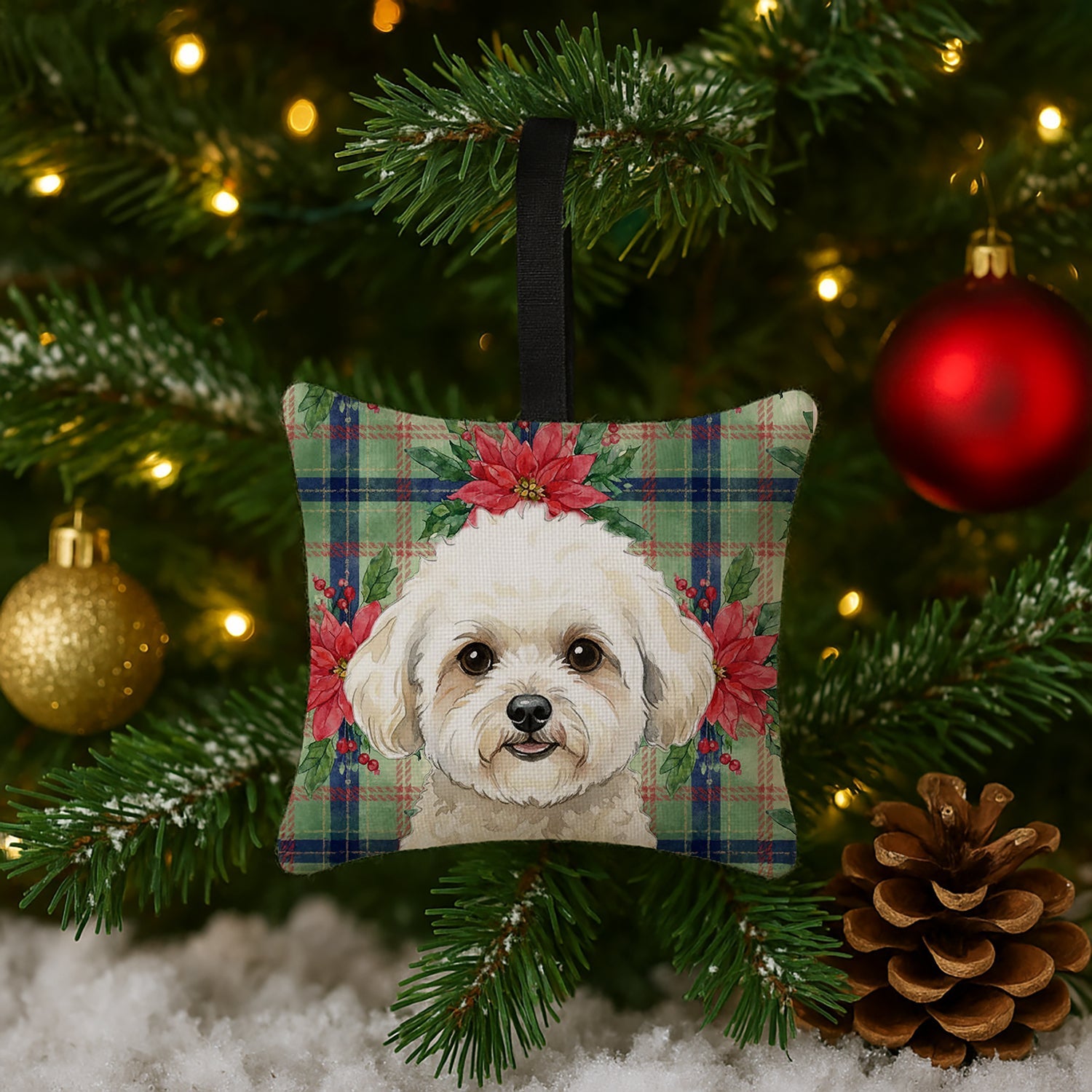 White and Cream Bichon Frise Christmas PoinsettIas Hanging Square Fabric Ornament 3.5 � 3.5 Decorative Door-Knob & Tree Hanger, Soft Fabric