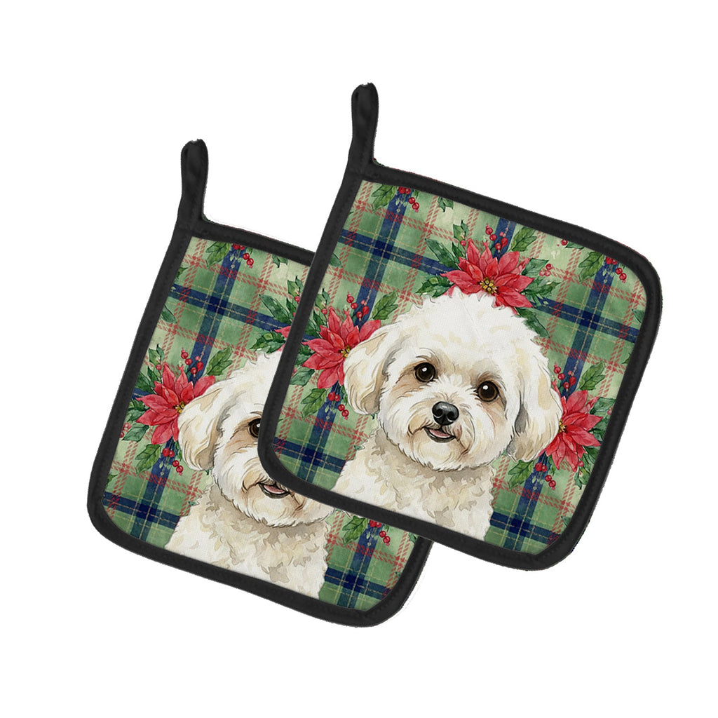 White and Cream Bichon Frise Christmas PoinsettIas Pot Holder Set of 2 Heat Resistant Quilted Hot Pads 7.5 x 7.5 Inch, Insulated Kitchen Trivets for Cooking & Baking