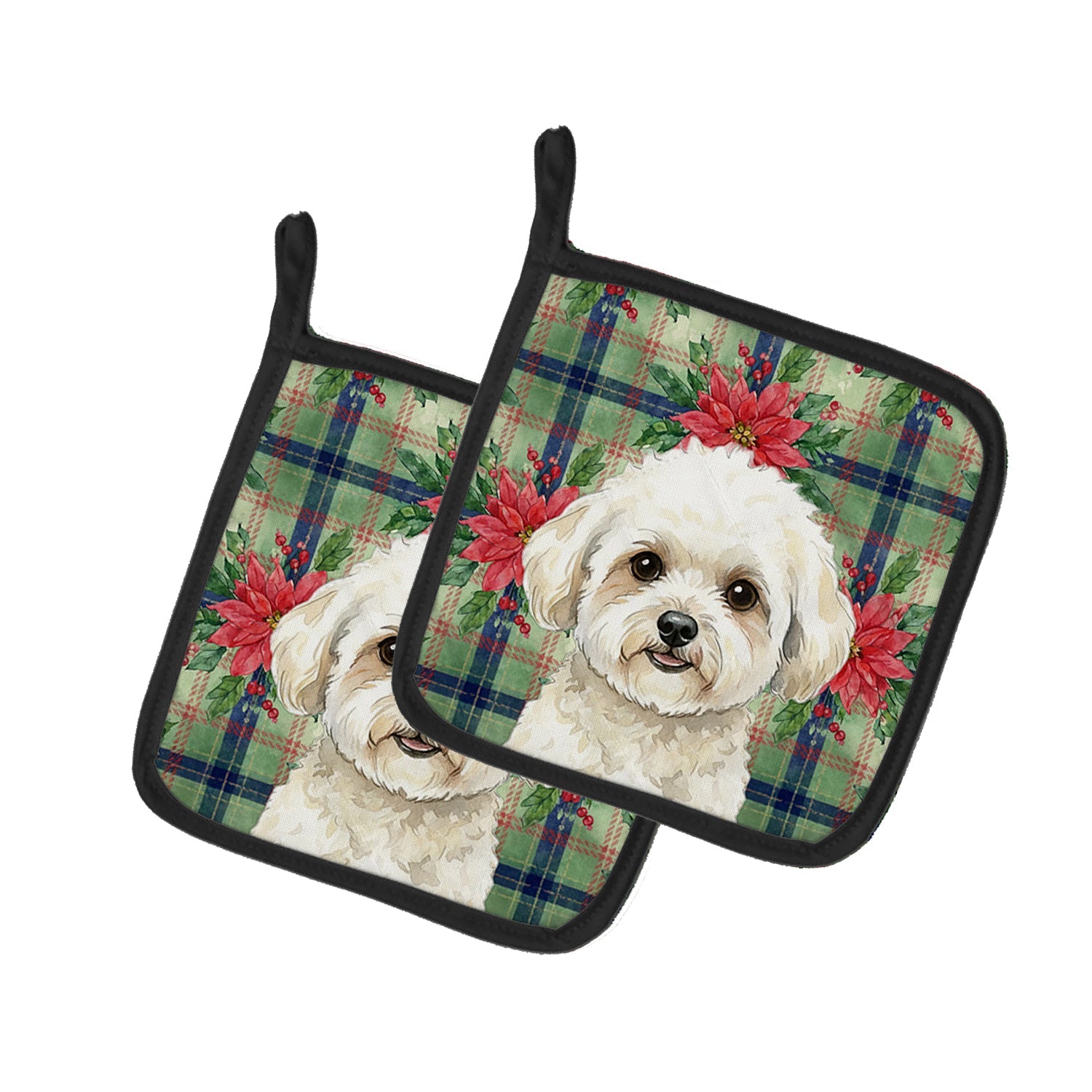 White and Cream Bichon Frise Christmas PoinsettIas Pot Holder Set of 2 Heat Resistant Quilted Hot Pads 7.5 x 7.5 Inch, Insulated Kitchen Trivets for Cooking & Baking