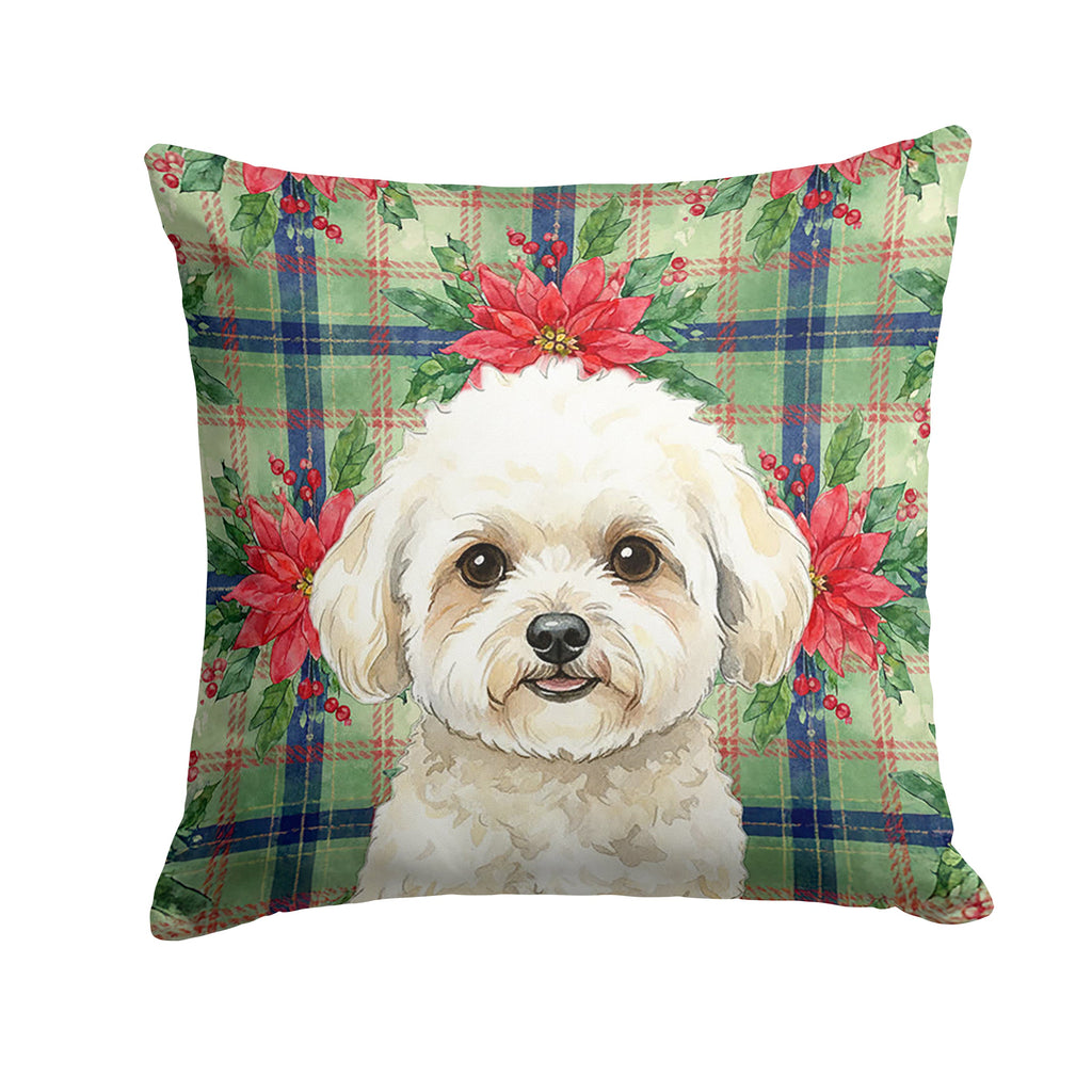 White and Cream Bichon Frise Christmas PoinsettIas Decorative Throw Pillow 14x14 Indoor Outdoor Accent Cushion, Fabric Cover with Insert for Sofa, Bed, Porch & Living Room