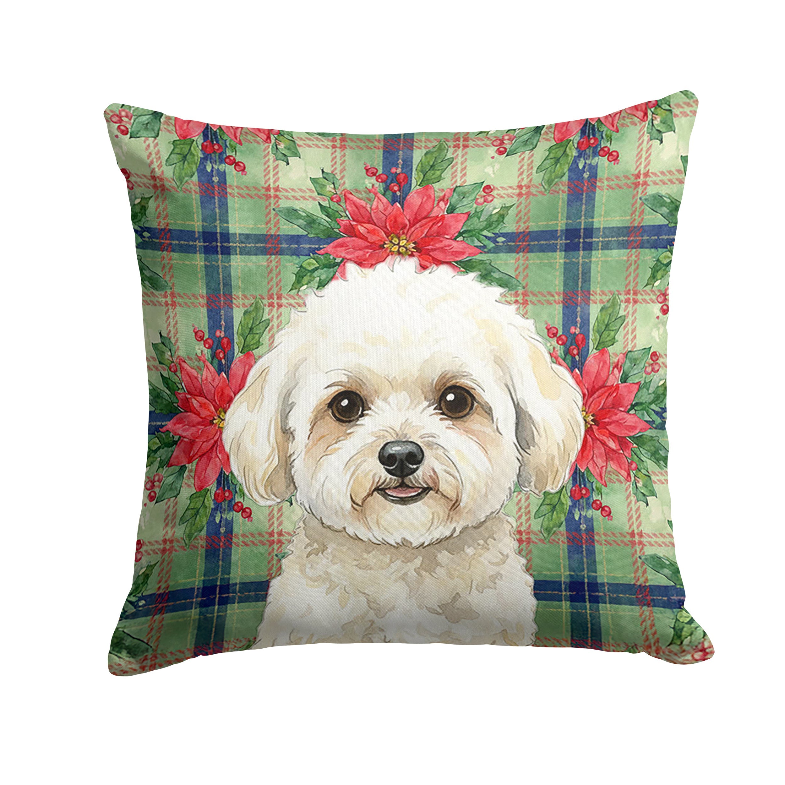 White and Cream Bichon Frise Christmas PoinsettIas Decorative Throw Pillow 14x14 Indoor Outdoor Accent Cushion, Fabric Cover with Insert for Sofa, Bed, Porch & Living Room