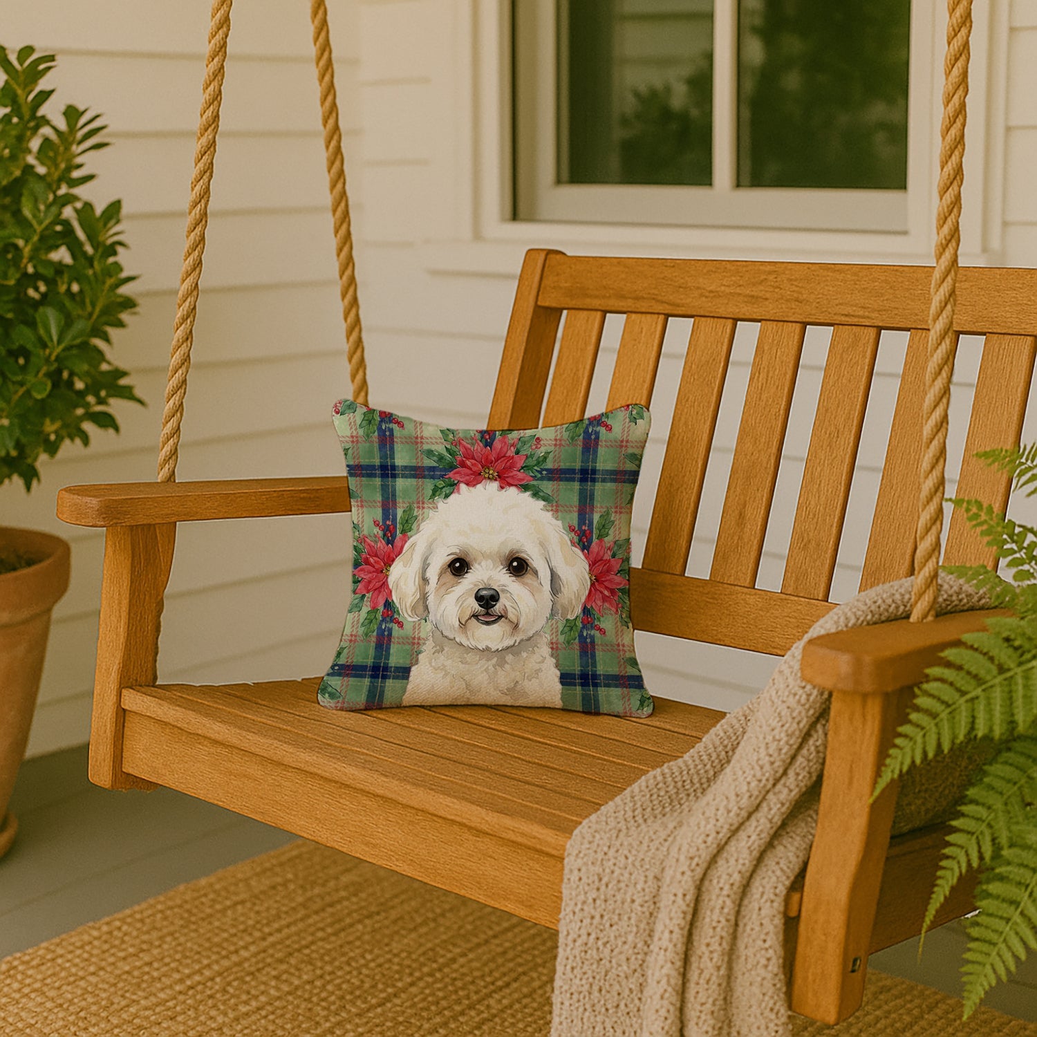 White and Cream Bichon Frise Christmas PoinsettIas Decorative Throw Pillow 14x14 Indoor Outdoor Accent Cushion, Fabric Cover with Insert for Sofa, Bed, Porch & Living Room
