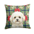 White and Cream Bichon Frise Christmas PoinsettIas Decorative Throw Pillow 18x18 Indoor Outdoor Accent Cushion, Fabric Cover with Insert for Sofa, Bed, Porch & Living Room
