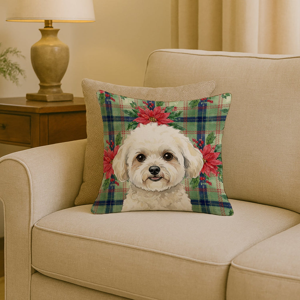 White and Cream Bichon Frise Christmas PoinsettIas Decorative Throw Pillow 18x18 Indoor Outdoor Accent Cushion, Fabric Cover with Insert for Sofa, Bed, Porch & Living Room