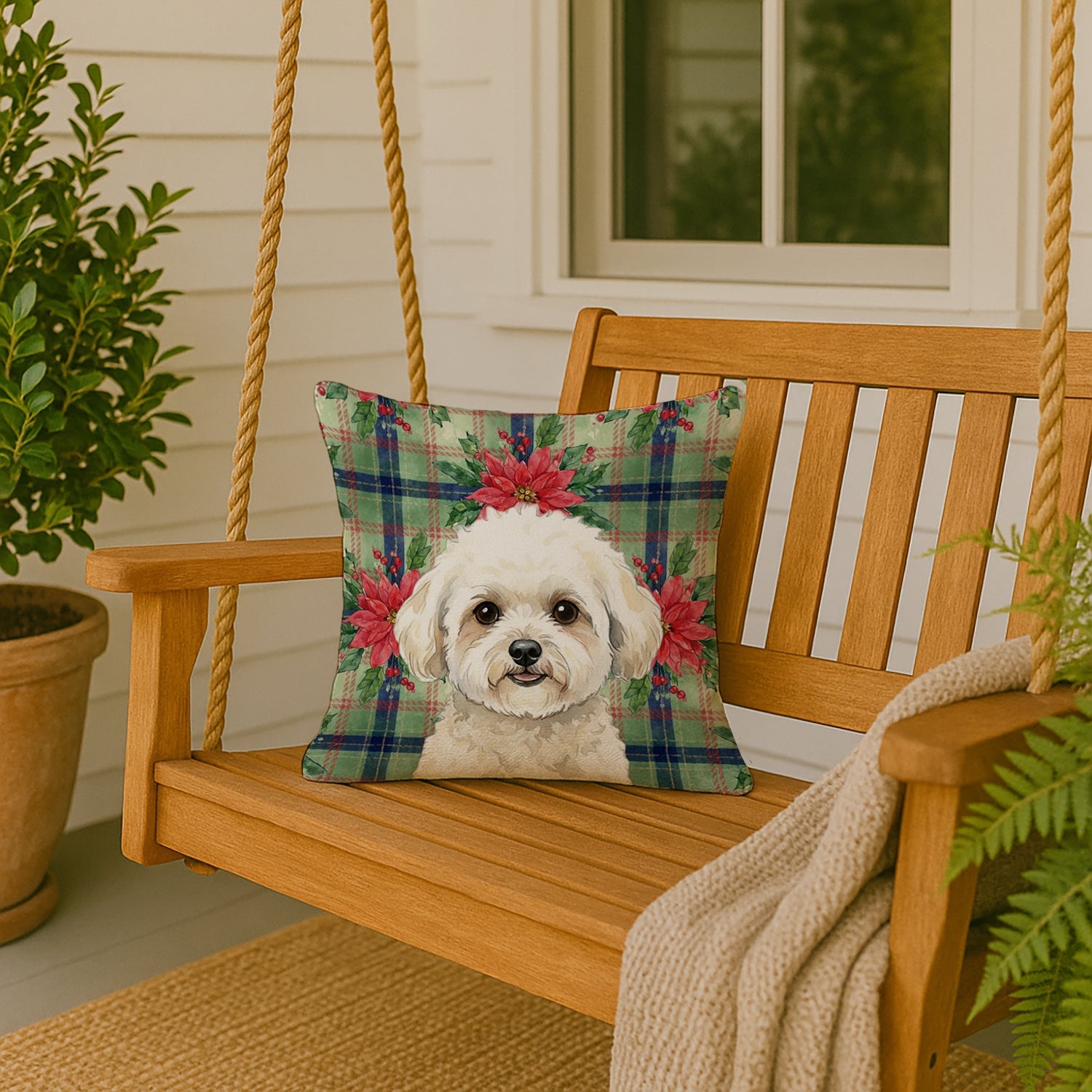 White and Cream Bichon Frise Christmas PoinsettIas Decorative Throw Pillow 18x18 Indoor Outdoor Accent Cushion, Fabric Cover with Insert for Sofa, Bed, Porch & Living Room