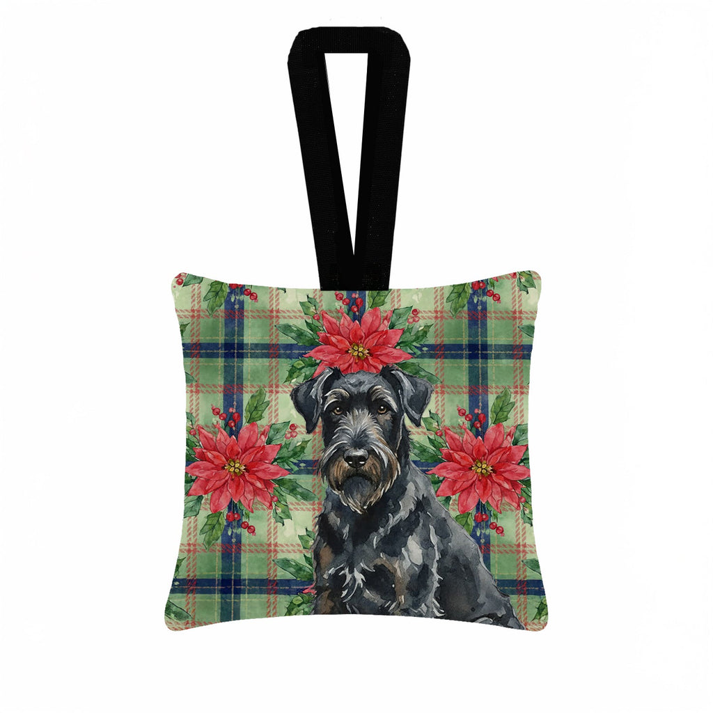 Black Russian Terrier Christmas PoinsettIas Hanging Square Fabric Ornament 3.5 � 3.5 Decorative Door-Knob & Tree Hanger, Soft Fabric