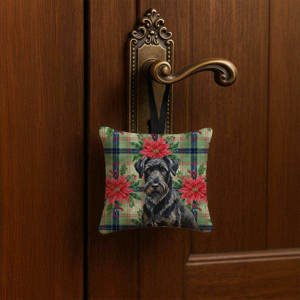 Black Russian Terrier Christmas PoinsettIas Hanging Square Fabric Ornament 3.5 � 3.5 Decorative Door-Knob & Tree Hanger, Soft Fabric
