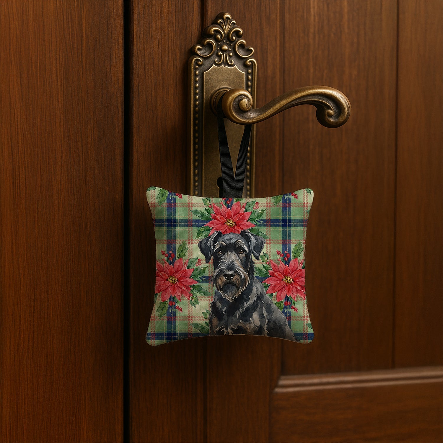 Black Russian Terrier Christmas PoinsettIas Hanging Square Fabric Ornament 3.5 � 3.5 Decorative Door-Knob & Tree Hanger, Soft Fabric