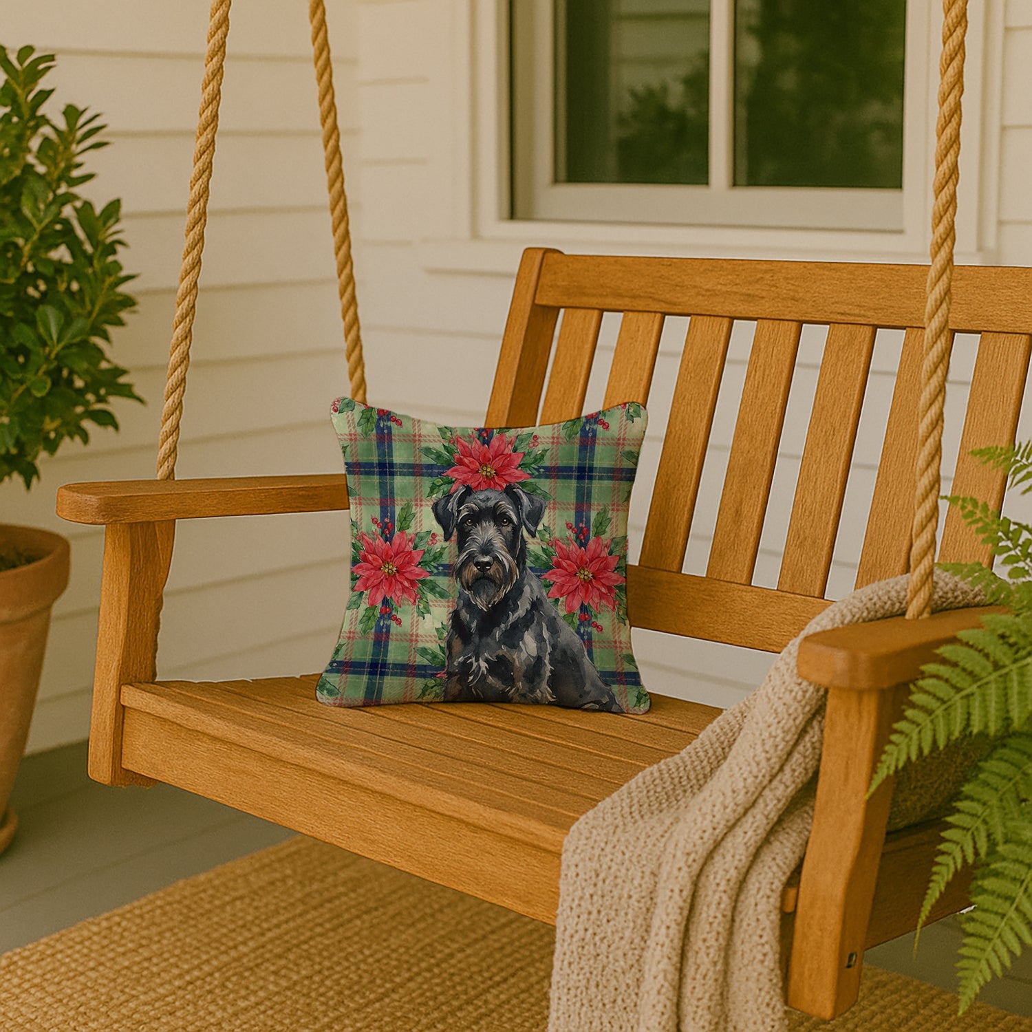 Black Russian Terrier Christmas PoinsettIas Decorative Throw Pillow 14x14 Indoor Outdoor Accent Cushion, Fabric Cover with Insert for Sofa, Bed, Porch & Living Room