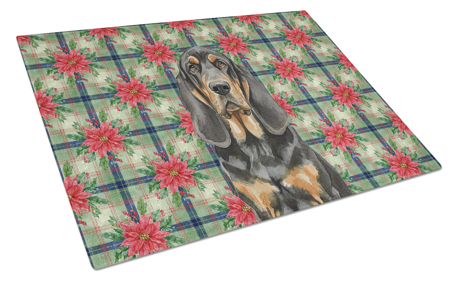 Black and Tan Bloodhound Christmas PoinsettIas Cutting Board Tempered Glass Kitchen Cutting Surface, Heat Resistant Chopping, Non-Slip Feet, Food Prep & Serving