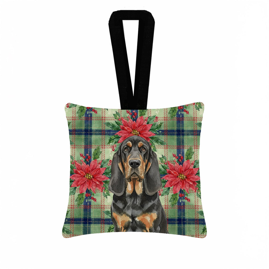 Black and Tan Bloodhound Christmas PoinsettIas Hanging Square Fabric Ornament 3.5 � 3.5 Decorative Door-Knob & Tree Hanger, Soft Fabric