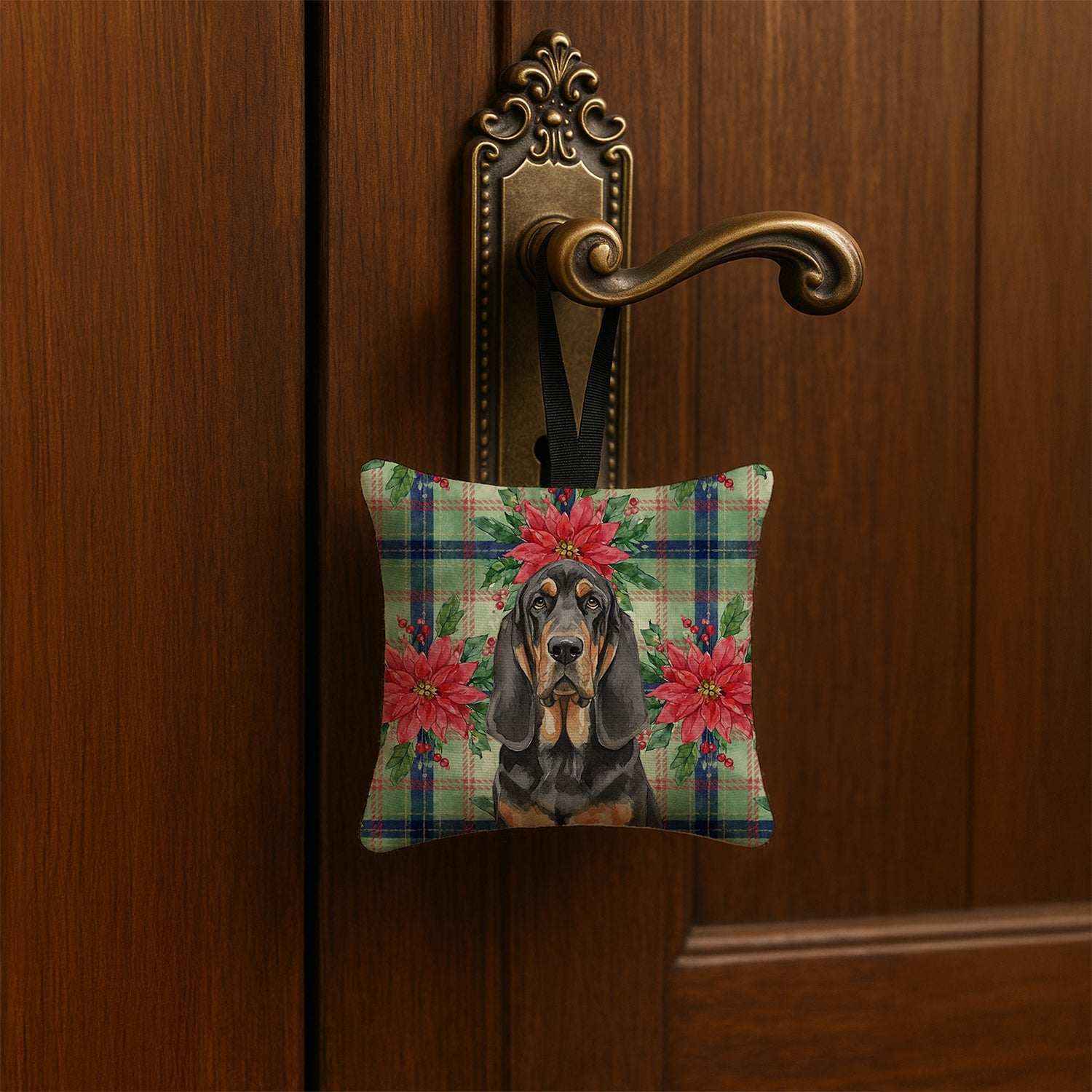 Black and Tan Bloodhound Christmas PoinsettIas Hanging Square Fabric Ornament 3.5 � 3.5 Decorative Door-Knob & Tree Hanger, Soft Fabric
