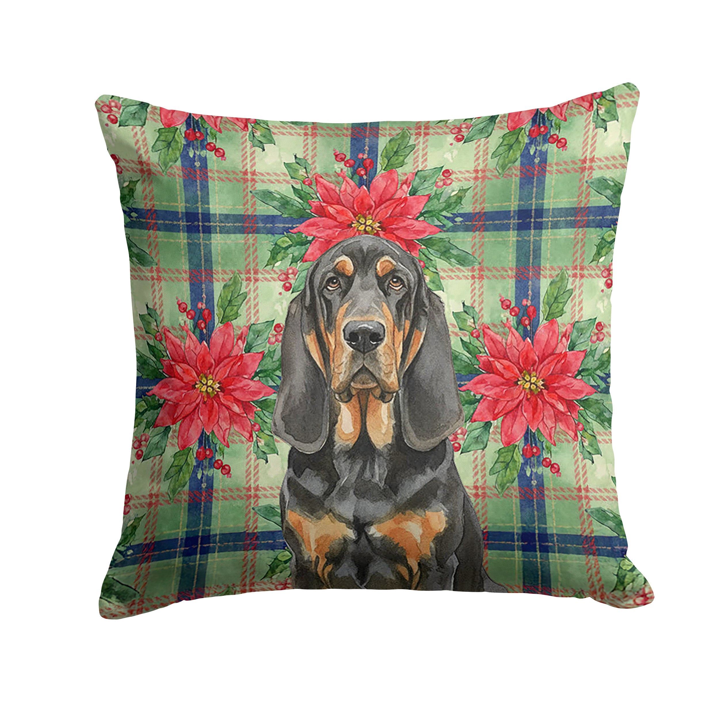 Black and Tan Bloodhound Christmas PoinsettIas Decorative Throw Pillow 18x18 Indoor Outdoor Accent Cushion, Fabric Cover with Insert for Sofa, Bed, Porch & Living Room