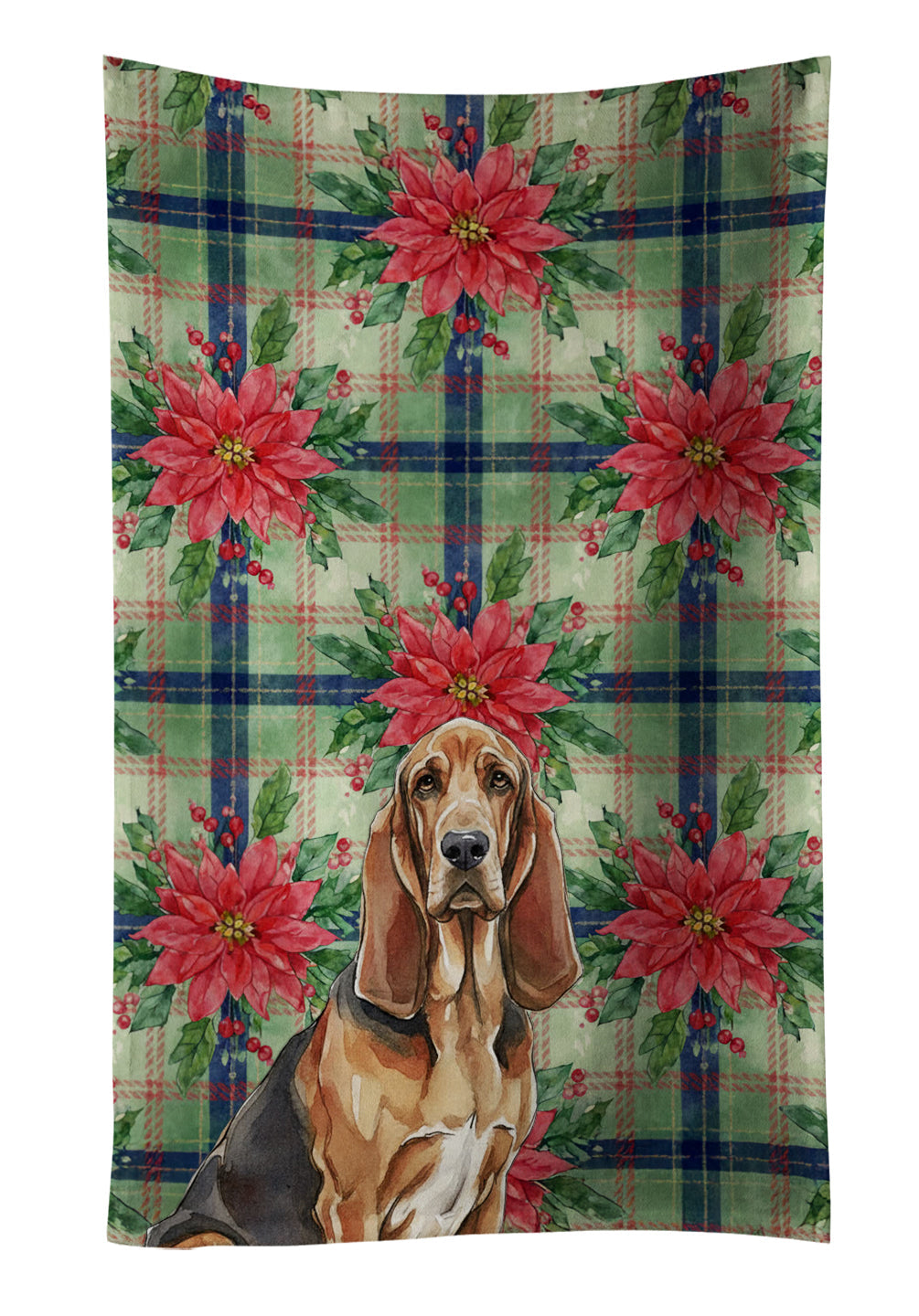 Liver and Tan Bloodhound Christmas PoinsettIas Kitchen Towel Velour Plush Front and Cotton Loop Back Machine Washable
