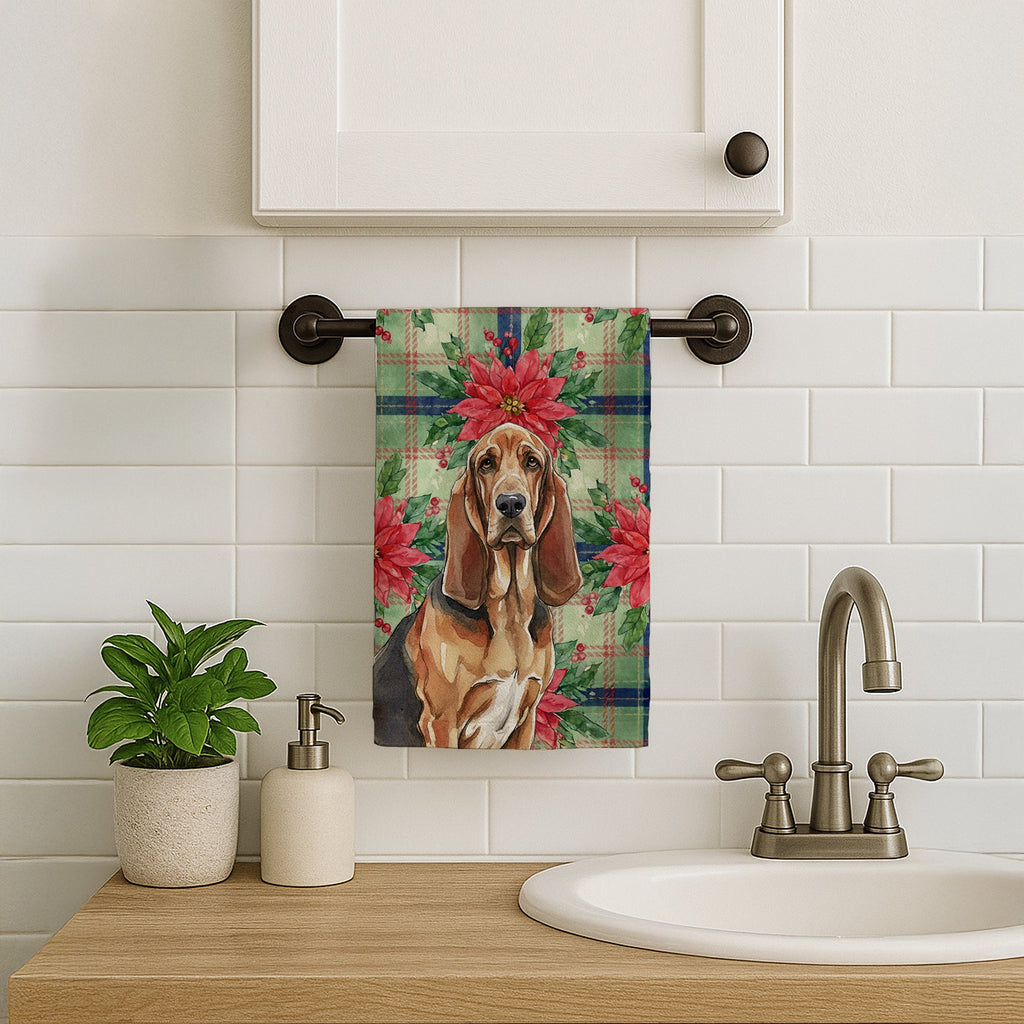 Liver and Tan Bloodhound Christmas PoinsettIas Kitchen Towel Velour Plush Front and Cotton Loop Back Machine Washable