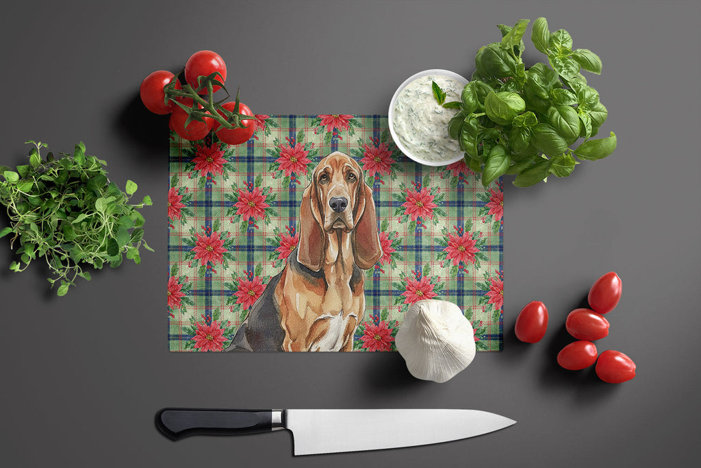 Liver and Tan Bloodhound Christmas PoinsettIas Cutting Board Tempered Glass Kitchen Cutting Surface, Heat Resistant Chopping, Non-Slip Feet, Food Prep & Serving