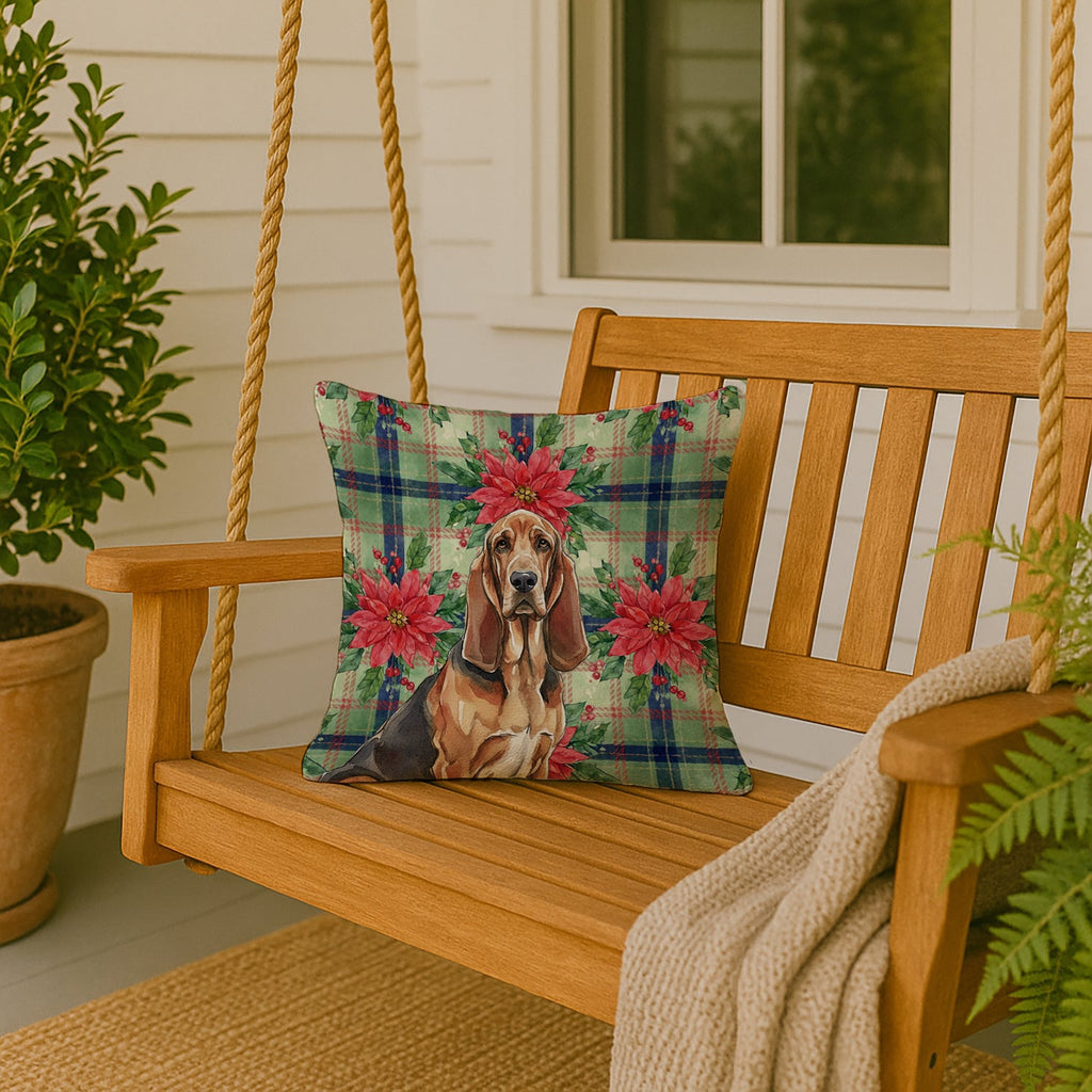 Liver and Tan Bloodhound Christmas PoinsettIas Decorative Throw Pillow 18x18 Indoor Outdoor Accent Cushion, Fabric Cover with Insert for Sofa, Bed, Porch & Living Room