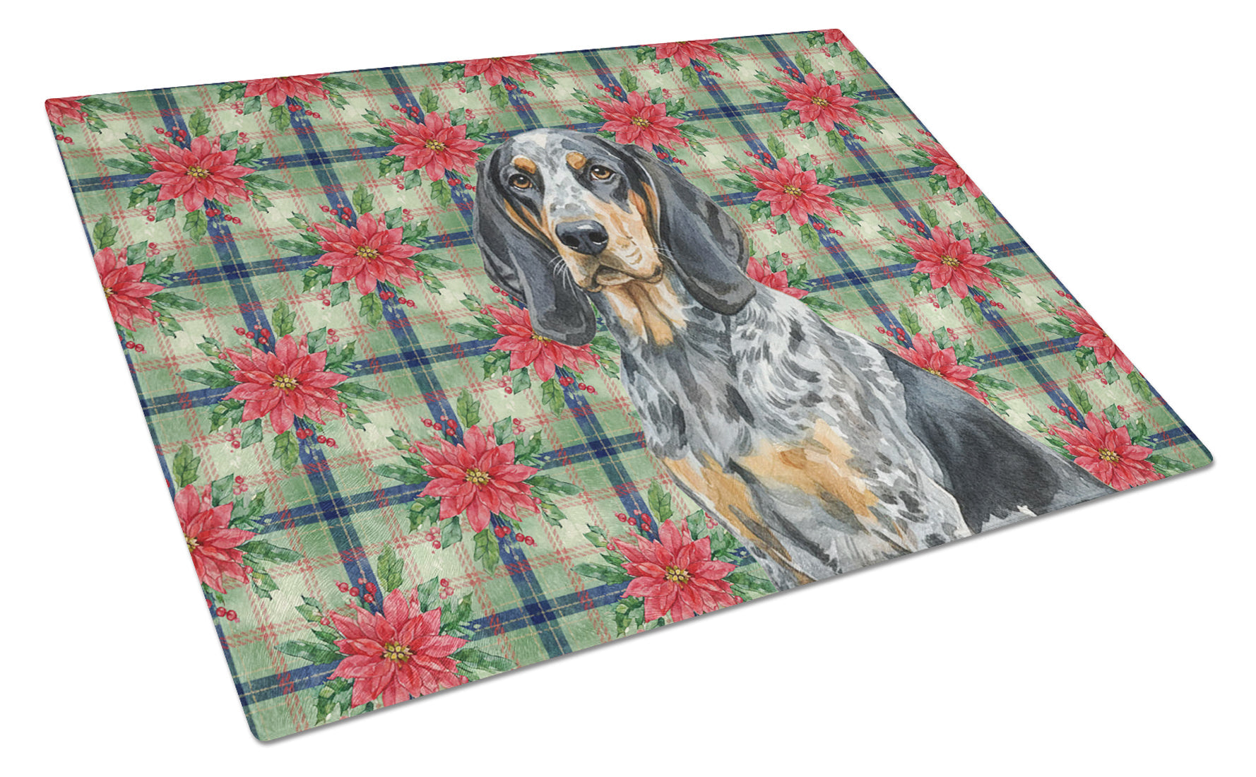 Bluetick Coonhound Christmas PoinsettIas Cutting Board Tempered Glass Kitchen Cutting Surface, Heat Resistant Chopping, Non-Slip Feet, Food Prep & Serving