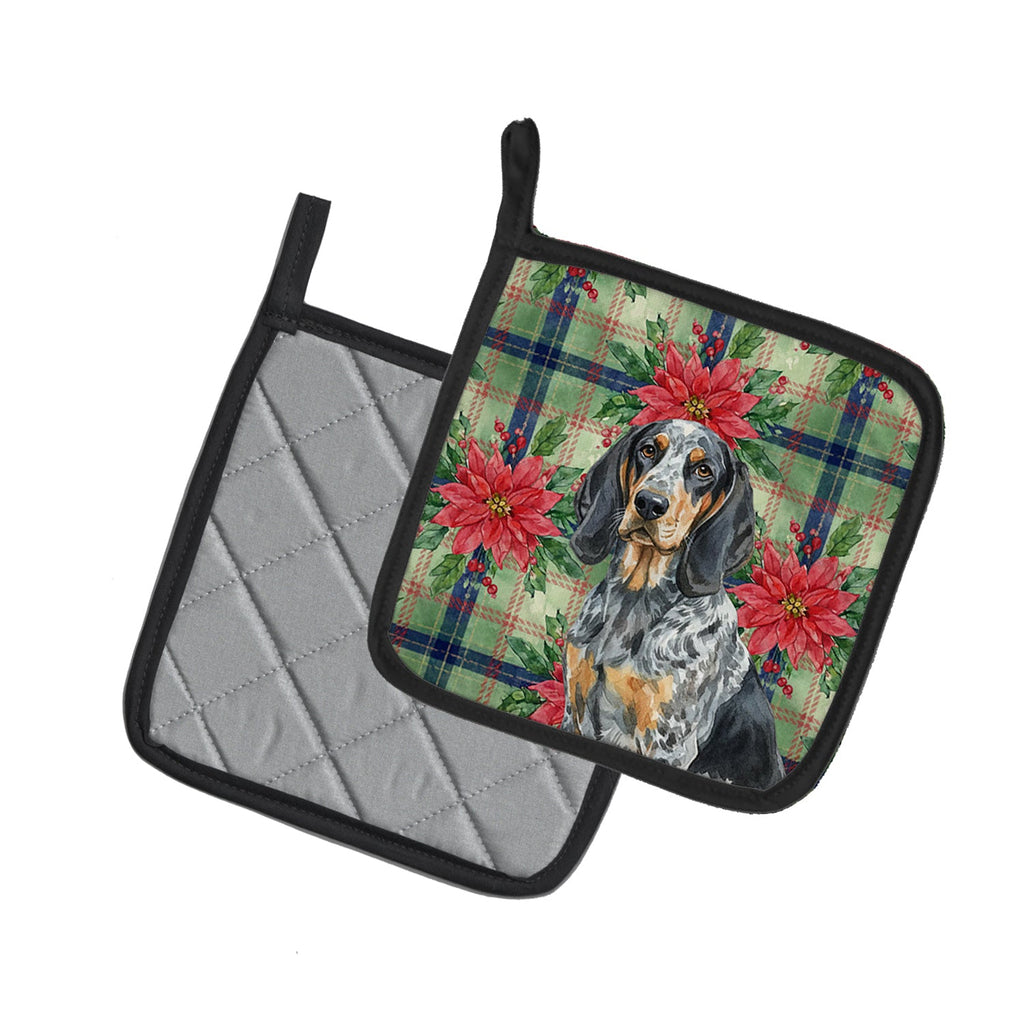 Bluetick Coonhound Christmas PoinsettIas Pot Holder Set of 2 Heat Resistant Quilted Hot Pads 7.5 x 7.5 Inch, Insulated Kitchen Trivets for Cooking & Baking