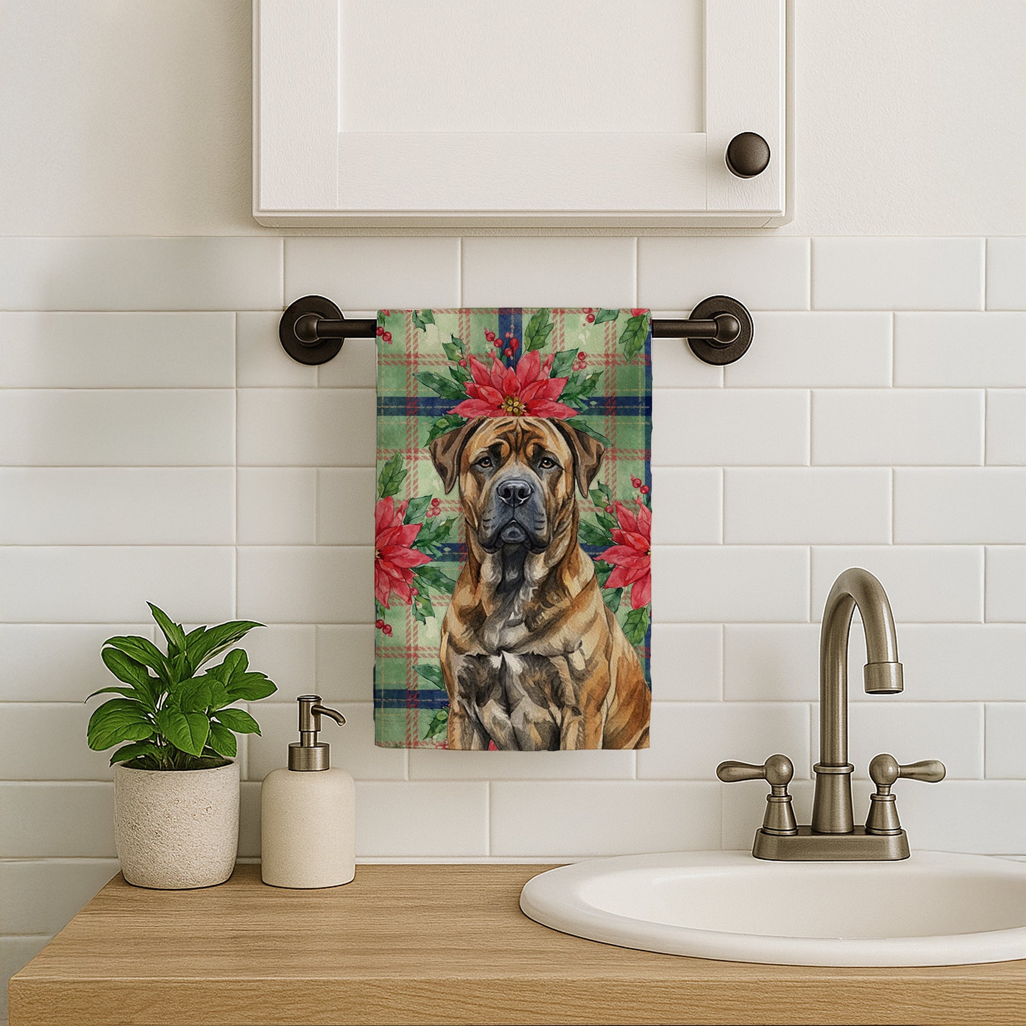 Brindle Boerboel Christmas PoinsettIas Kitchen Towel Velour Plush Front and Cotton Loop Back Machine Washable