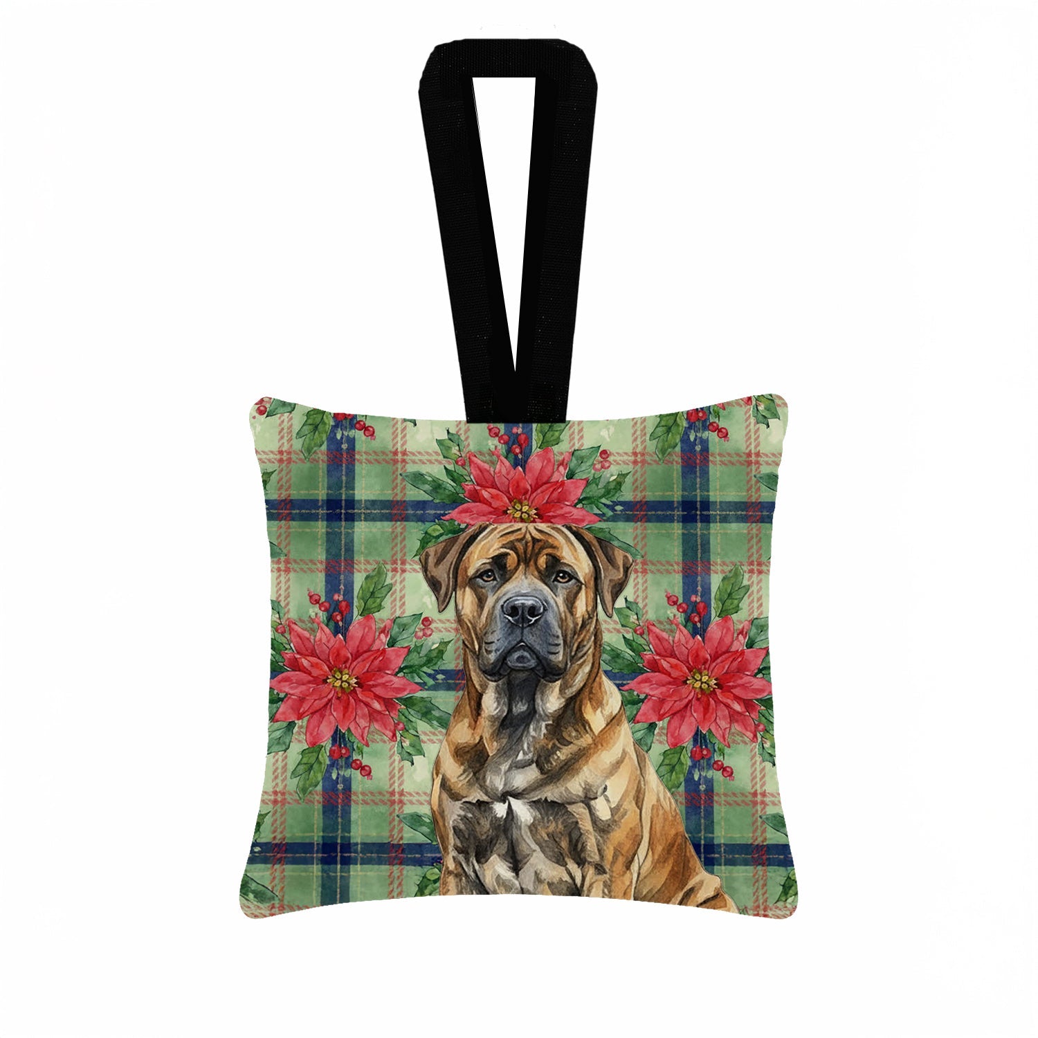 Brindle Boerboel Christmas PoinsettIas Hanging Square Fabric Ornament 3.5 � 3.5 Decorative Door-Knob & Tree Hanger, Soft Fabric