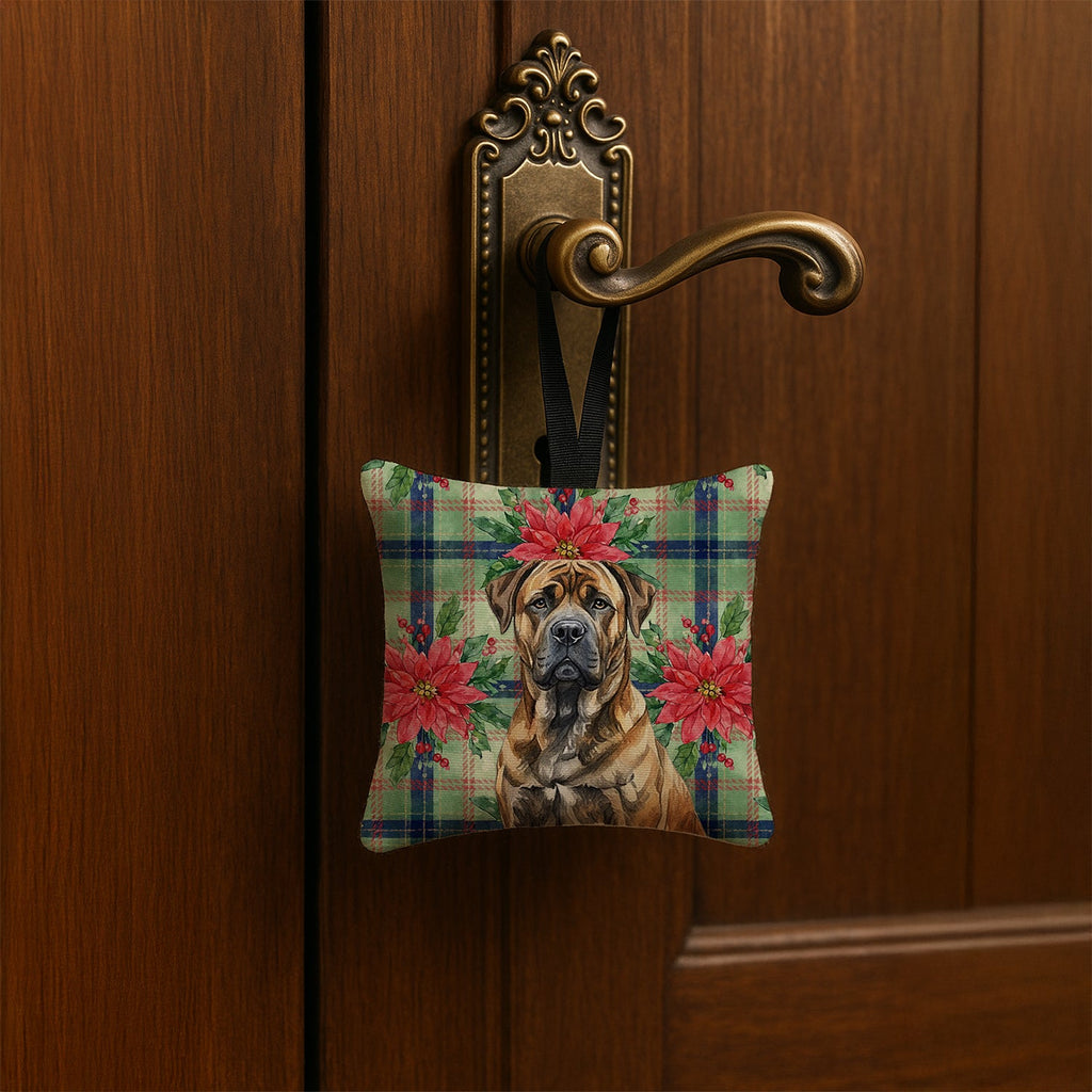 Brindle Boerboel Christmas PoinsettIas Hanging Square Fabric Ornament 3.5 � 3.5 Decorative Door-Knob & Tree Hanger, Soft Fabric