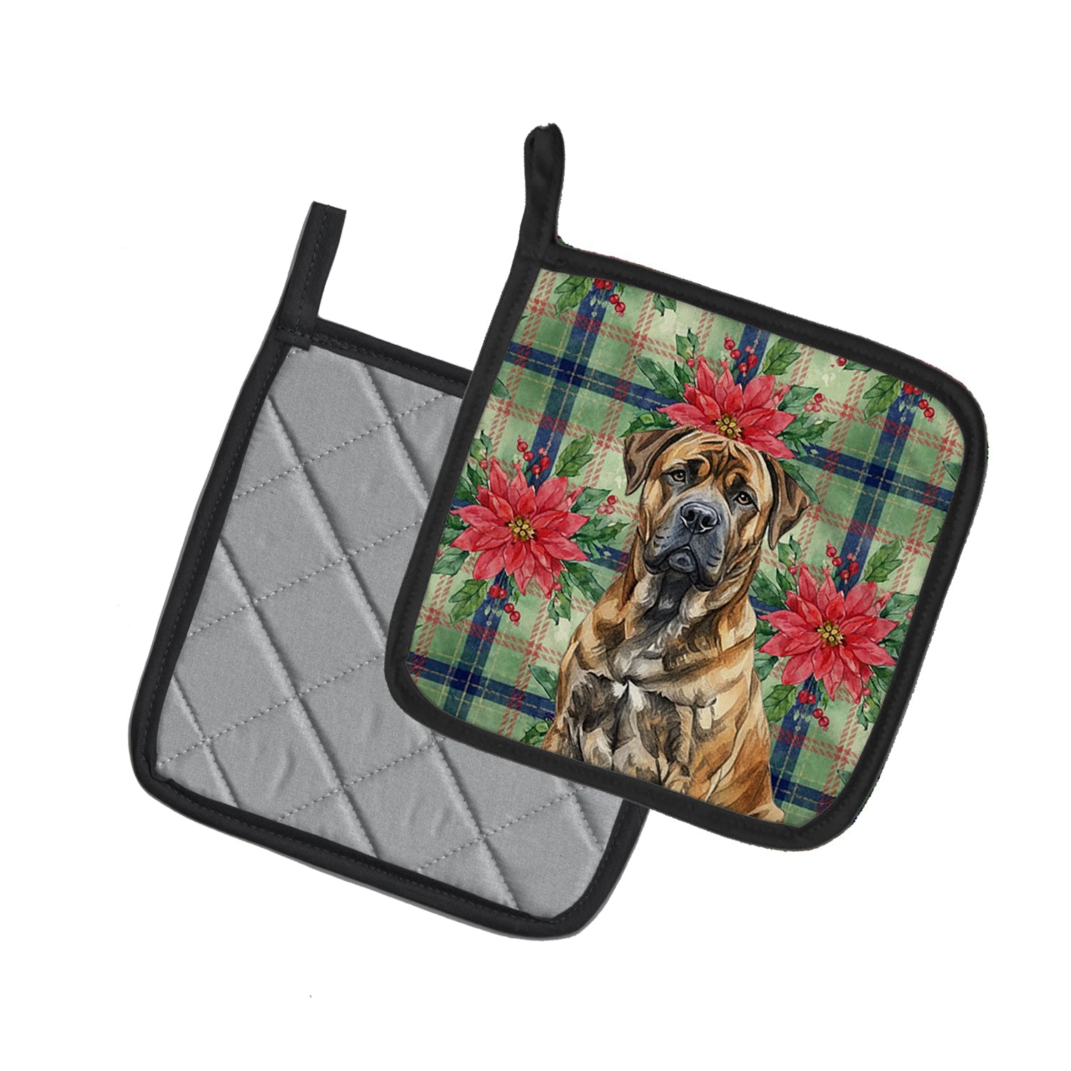 Brindle Boerboel Christmas PoinsettIas Pot Holder Set of 2 Heat Resistant Quilted Hot Pads 7.5 x 7.5 Inch, Insulated Kitchen Trivets for Cooking & Baking