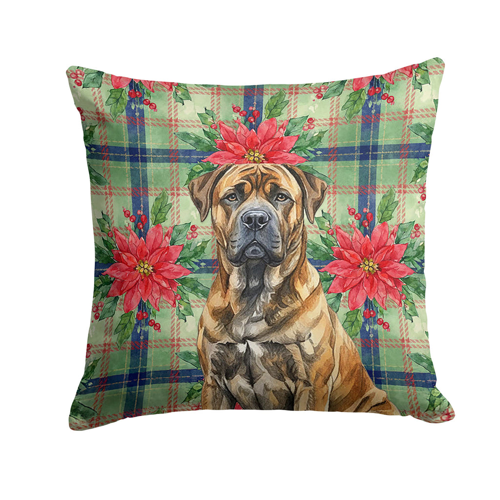Brindle Boerboel Christmas PoinsettIas Decorative Throw Pillow 18x18 Indoor Outdoor Accent Cushion, Fabric Cover with Insert for Sofa, Bed, Porch & Living Room