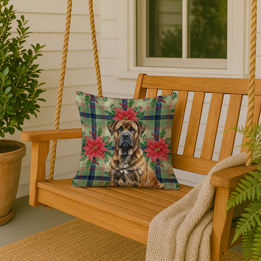 Brindle Boerboel Christmas PoinsettIas Decorative Throw Pillow 18x18 Indoor Outdoor Accent Cushion, Fabric Cover with Insert for Sofa, Bed, Porch & Living Room