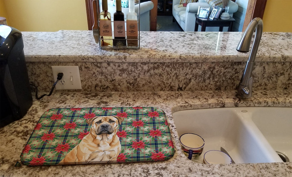 Fawn Boerboel Christmas PoinsettIas Dish Drying Mat Absorbent Dish Drying Mat Pad for Kitchen Counter Dish Drainer Mat for Countertop, 14 x 21", Multicolor